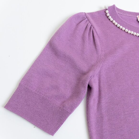 Kate Spade Pearl Crystal Trimmed Collar Sweater Short Sleeve Liliac Purple XS - Picture 7 of 11